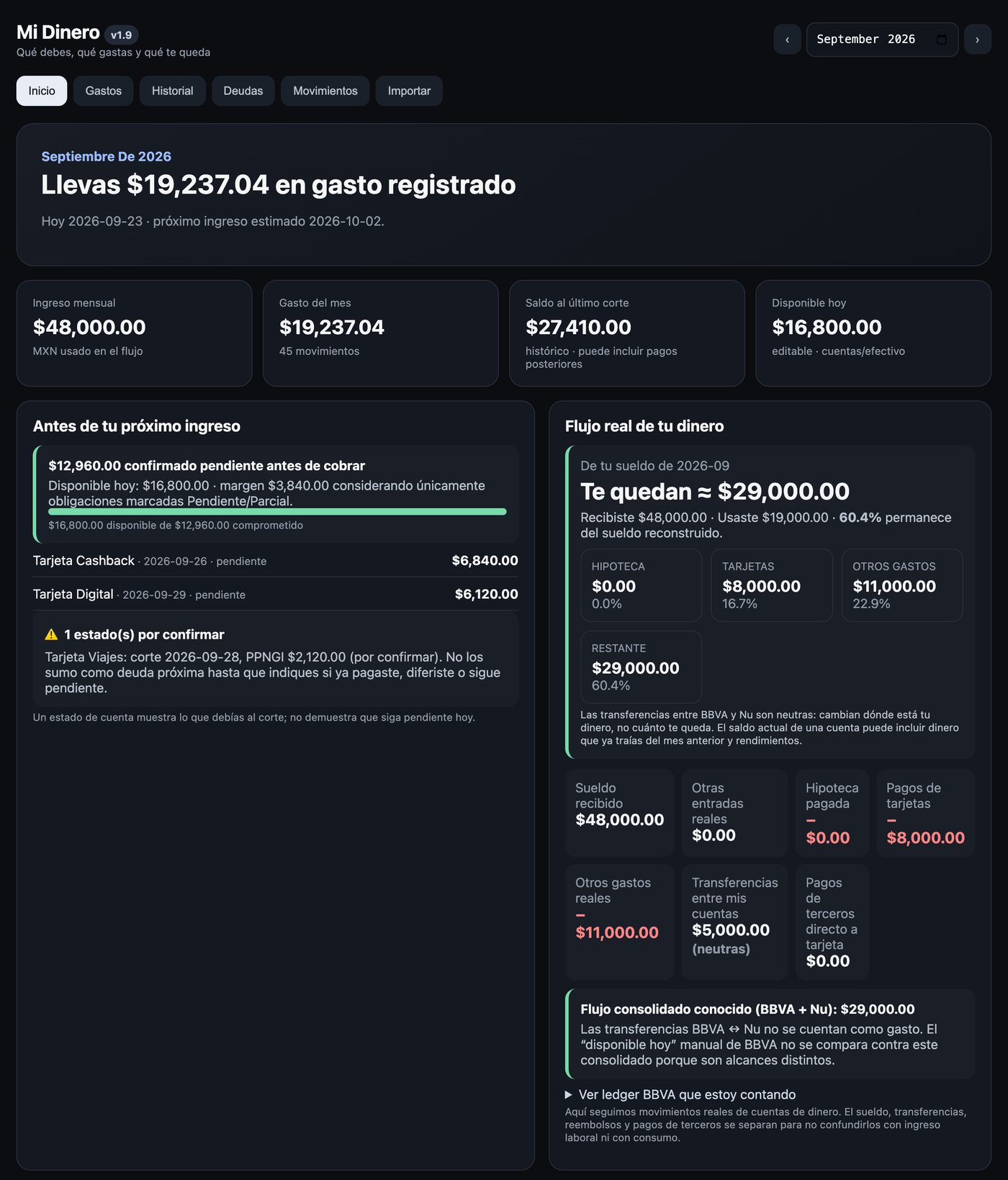 Monthly overview: what is due before the next income and the real cash flow